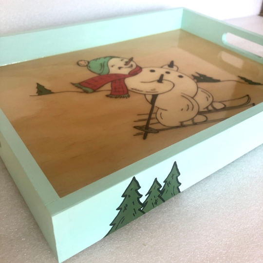 Wood snowman tray, winter holiday farmhouse tray, rustic serving platter picture