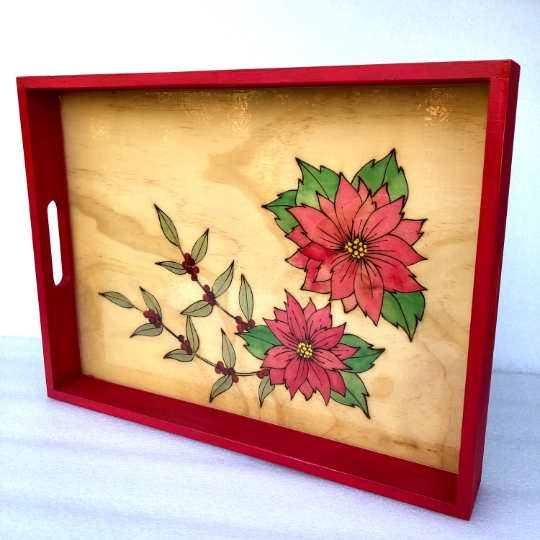 Wood Christmas tray, poinsettia farmhouse tray, rustic serving platter picture