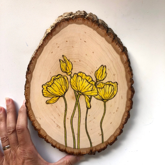 Yellow poppy flower original wood art mini picture