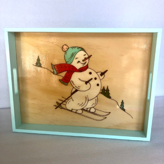 Wood snowman tray, winter holiday farmhouse tray, rustic serving platter picture