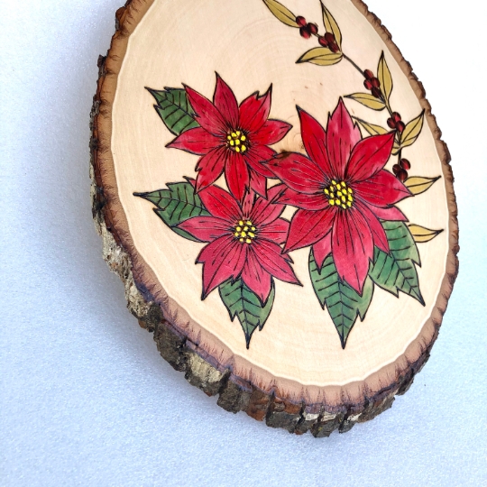 Christmas wood art, poinsettia wood painting, holiday decor plaque picture