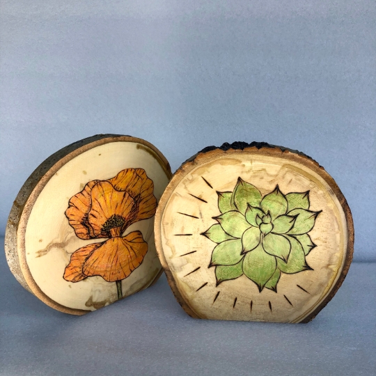Flower and succulent wood burned art on stand-up tree slices picture