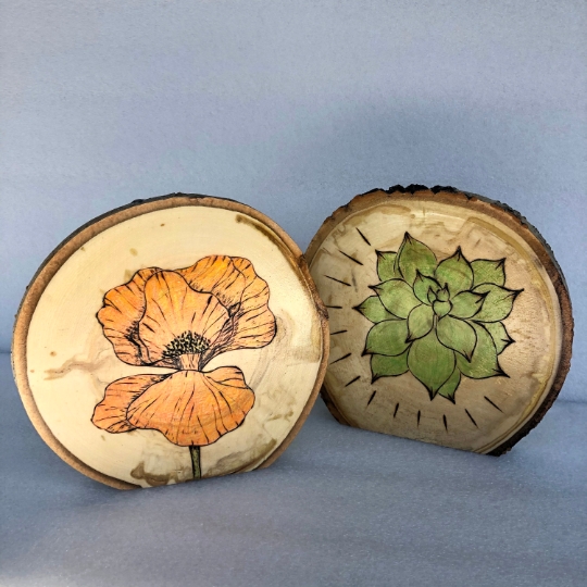 Flower and succulent wood burned art on stand-up tree slices