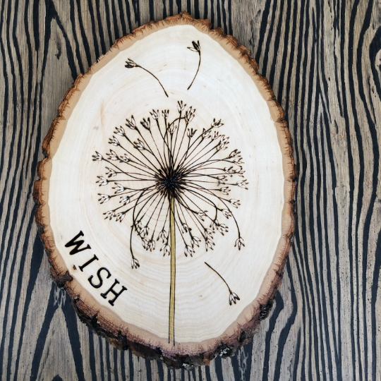 Dandelion wish wood art, wood burned tree slice wall art piece
