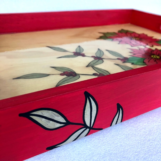 Wood Christmas tray, poinsettia farmhouse tray, rustic serving platter picture