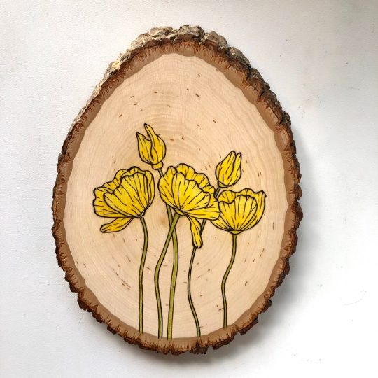 Yellow poppy flower original wood art mini