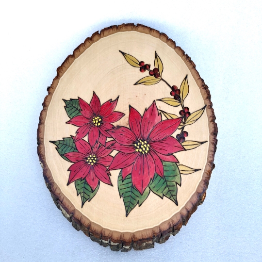 Christmas wood art, poinsettia wood painting, holiday decor plaque picture