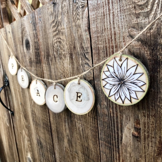 PEACE wood garland, wood burned tree slice banner picture