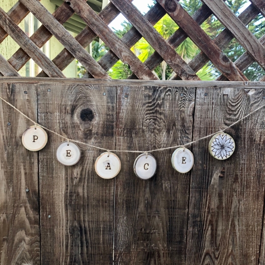 PEACE wood garland, wood burned tree slice banner picture