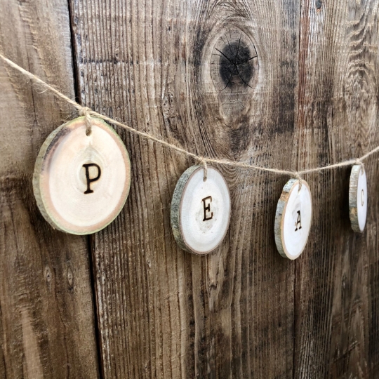 PEACE wood garland, wood burned tree slice banner picture