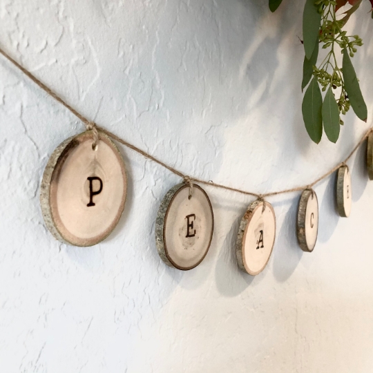 PEACE wood garland, wood burned tree slice banner picture