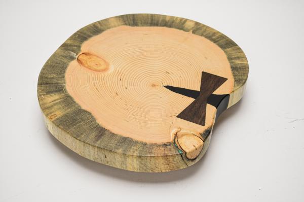 13” Dia Live-Edge Beetle Kill Pine Lazy Susan w/ Black Epoxy, Subtle Chrysocolla Inlay & Walnut Bowtie (#LS-2019-88) picture