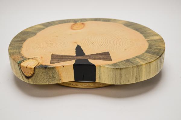 13” Dia Live-Edge Beetle Kill Pine Lazy Susan w/ Black Epoxy, Subtle Chrysocolla Inlay & Walnut Bowtie (#LS-2019-88) picture