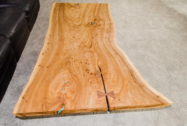 Live-Edge Elm Coffee Table w/ Chrysocolla Inlay & Walnut Bowties (#T-2020-8) picture