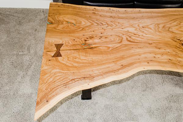 Live-Edge Elm Coffee Table w/ Chrysocolla Inlay & Walnut Bowties (#T-2020-8) picture