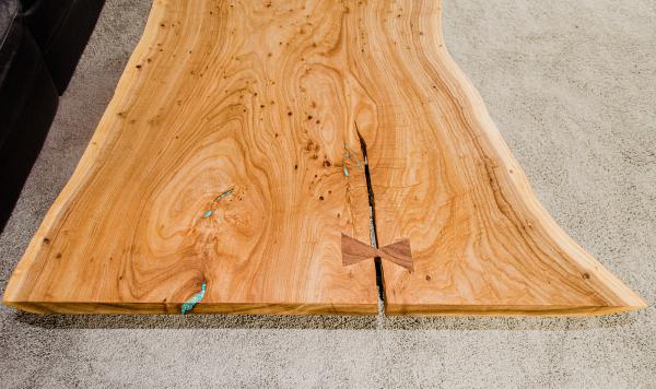 Live-Edge Elm Coffee Table w/ Chrysocolla Inlay & Walnut Bowties (#T-2020-8) picture