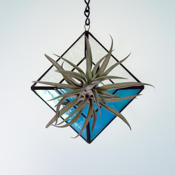 Diamond Hanging Stained Glass Air Plant Holder - Iridescent Aqua picture