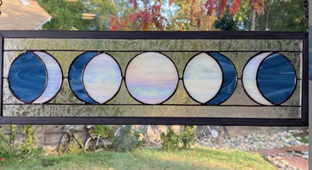 Five Moon Phases Stained Glass Window Panel - Steel Blue picture