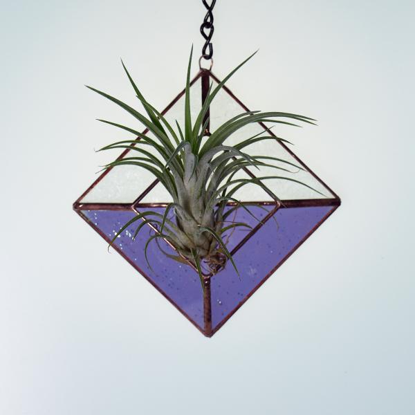 Diamond Hanging Stained Glass Air Plant Holder - Iridescent Lilac picture