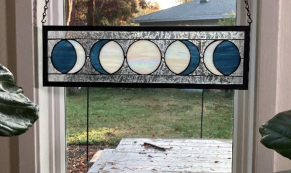 Five Moon Phases Stained Glass Window Panel - Steel Blue picture