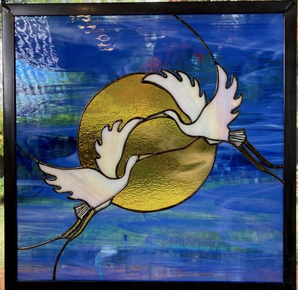 Flying Cranes Stained Glass Window Panel