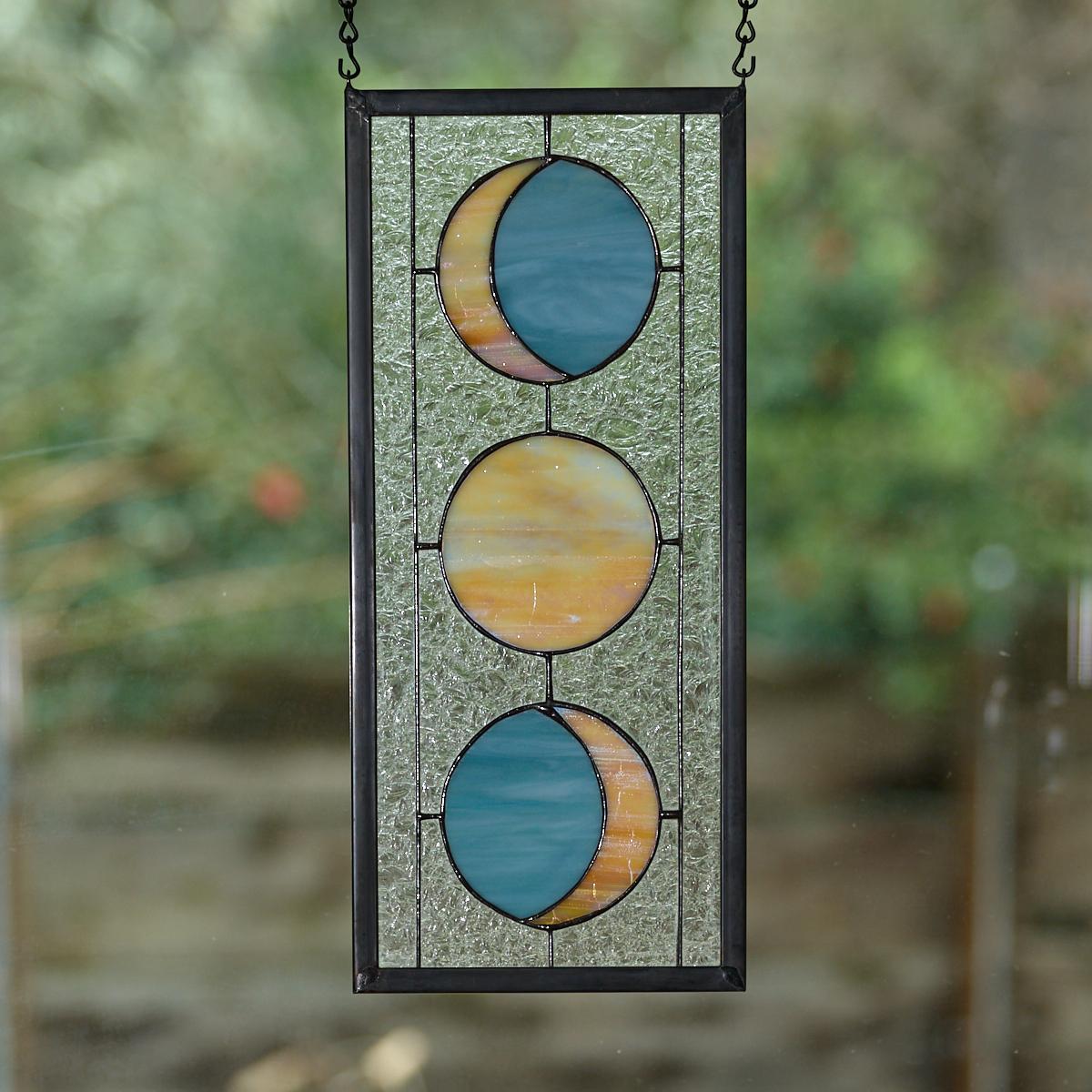 Three Moon Phase Stained Glass Window Panel - Colonial Blue - Eventeny