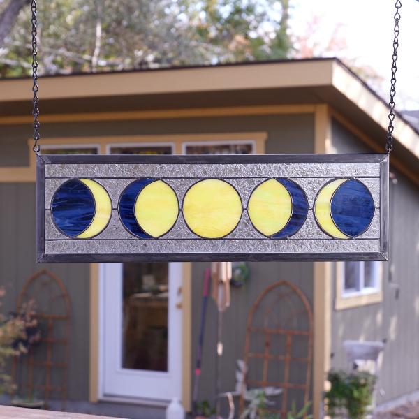 Five Moon Phases Stained Glass Window Panel - Deep Blue picture