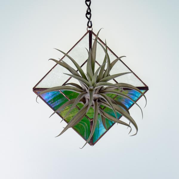 Diamond Hanging Stained Glass Air Plant Holder - Iridescent Green picture