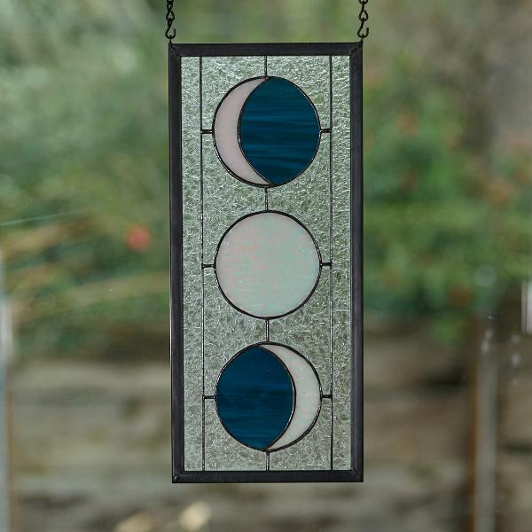Three Moon Phase Stained Glass Window Panel - Steel Blue picture