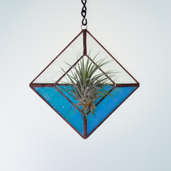 Diamond Hanging Stained Glass Air Plant Holder - Iridescent Aqua picture