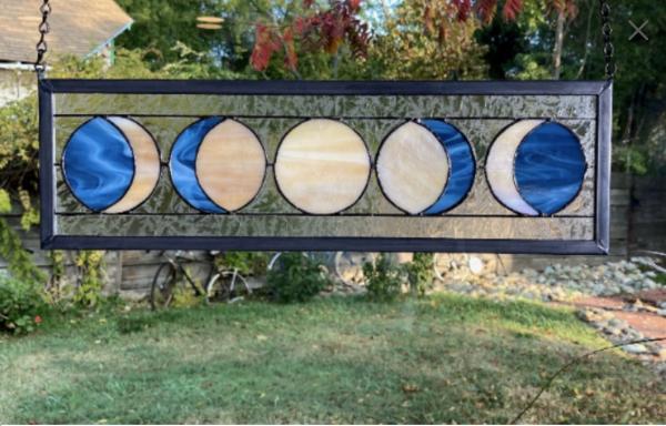 Five Moon Phases Stained Glass Window Panel - Steel Blue