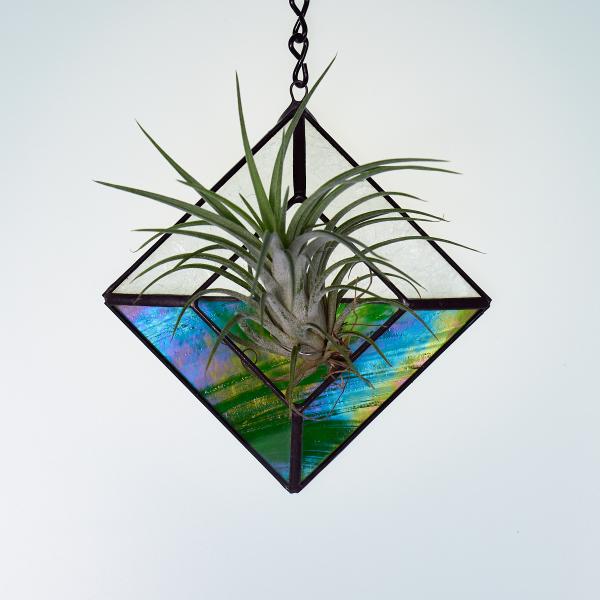 Diamond Hanging Stained Glass Air Plant Holder - Iridescent Green picture