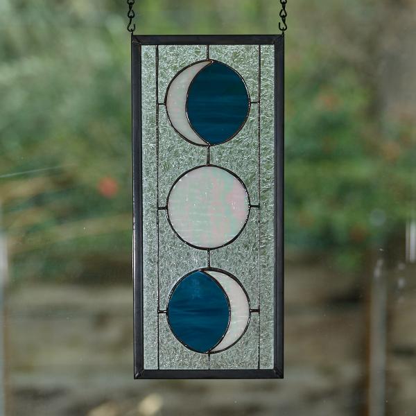 Three Moon Phase Stained Glass Window Panel - Steel Blue picture