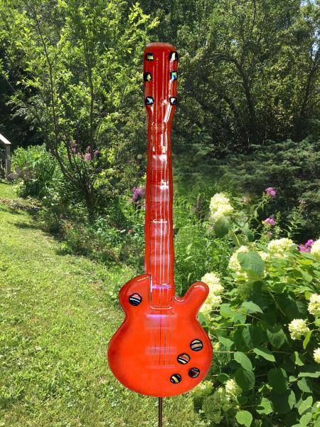 Red Glass Guitar Garden Stake