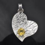 Argentium sterling silver frost pattern heart with golden beryl gemstone