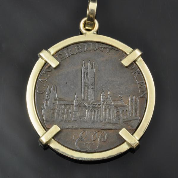 1795 English half penny, Canterbury Cathedral, 14KY gold bezel