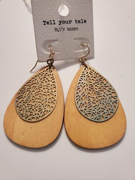 Wood earrings with gold metal design picture