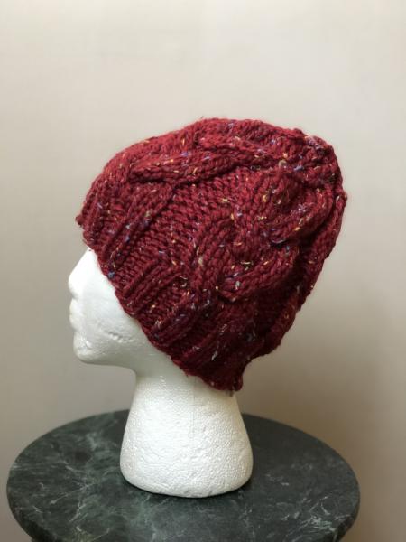 Cable Knit Beanie in Red Tweed