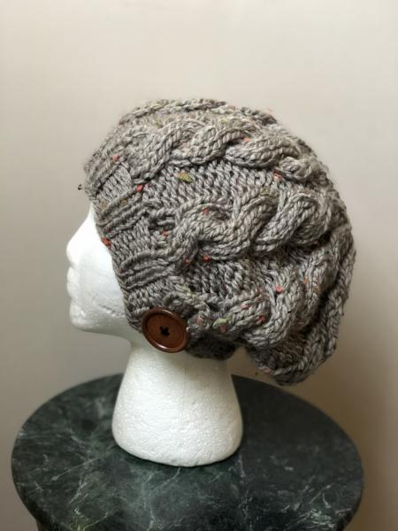 Button Tab Cable Knit Beanie in Gray Tweed