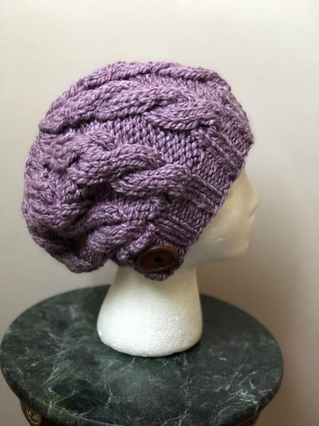 Button Tab Cable Knit Beanie in Light Purple