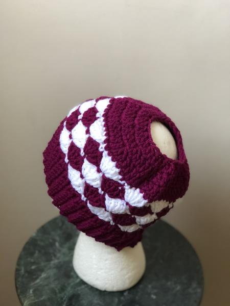 Messy Bun Beanie in Fuschia and White picture