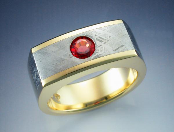 18k Gold Ring with Orange Sapphire & Meteorite picture