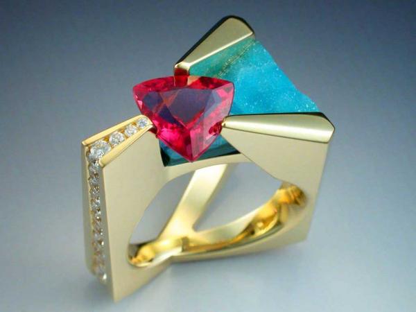 18k Pink Tourmaline, diamond and chrysocolla ring picture