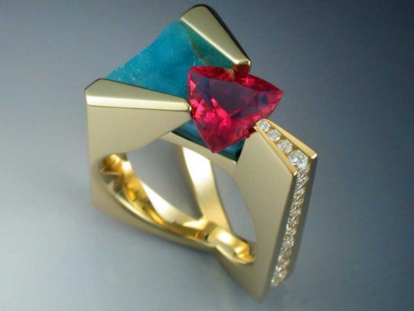 18k Pink Tourmaline, diamond and chrysocolla ring picture