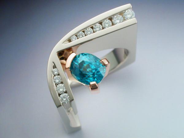 White and rose gold ring with blue Zircon and Diamonds picture