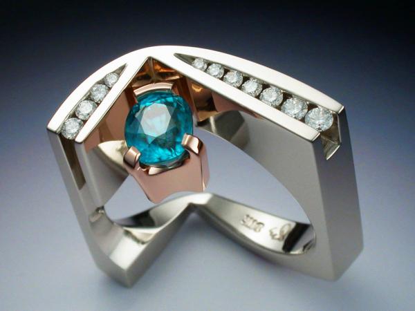 White and rose gold ring with blue Zircon and Diamonds picture