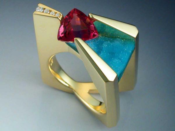 18k Pink Tourmaline, diamond and chrysocolla ring picture