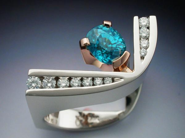 White and rose gold ring with blue Zircon and Diamonds picture