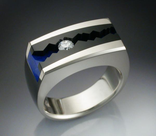 14k White Gold Man's ring with Black Jade, Lapis & Diamond picture