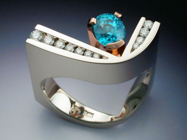 White and rose gold ring with blue Zircon and Diamonds picture